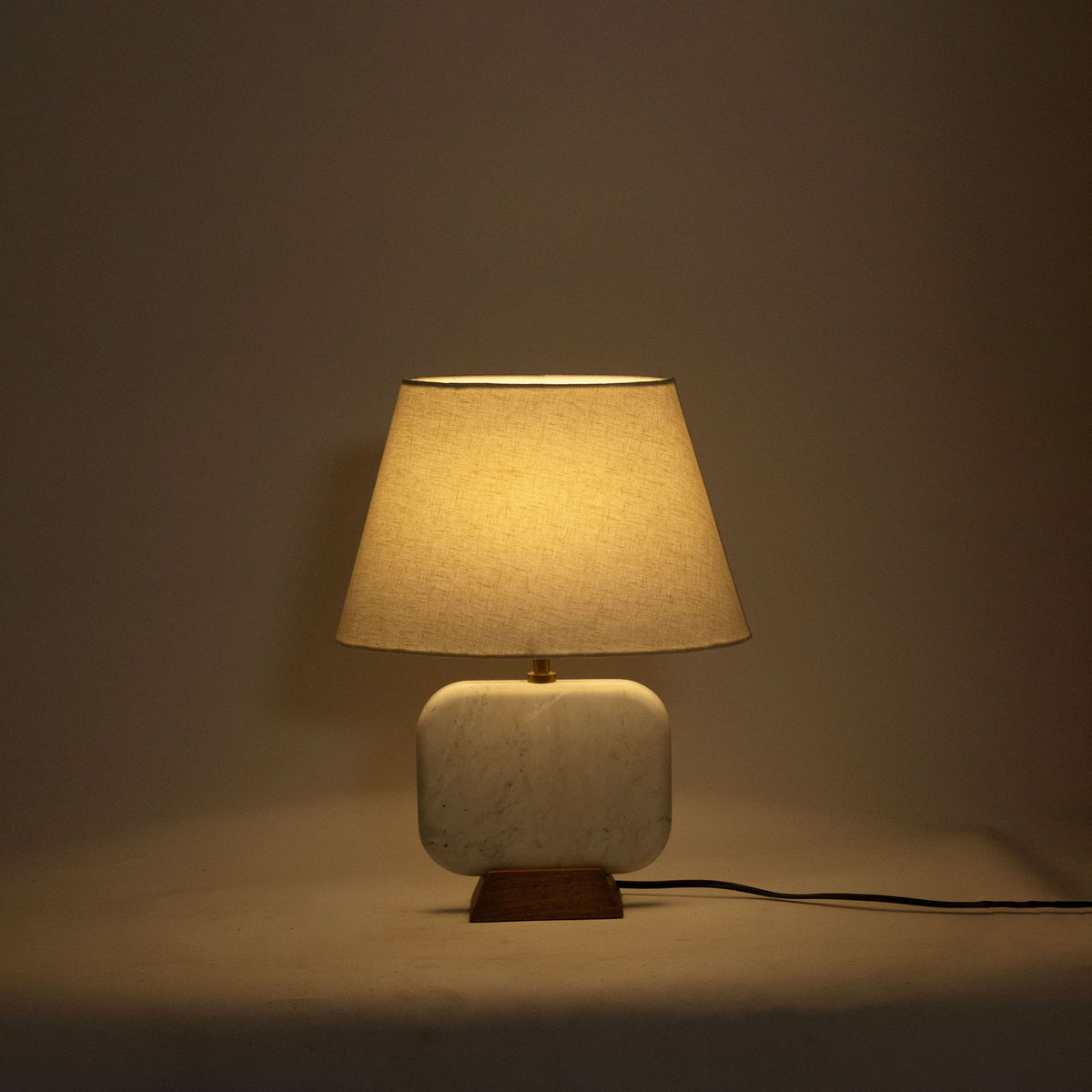 Solis - 14" Genuine Marble And Mango Wood Base With Linen Textured Fabric Shade Table Lamp