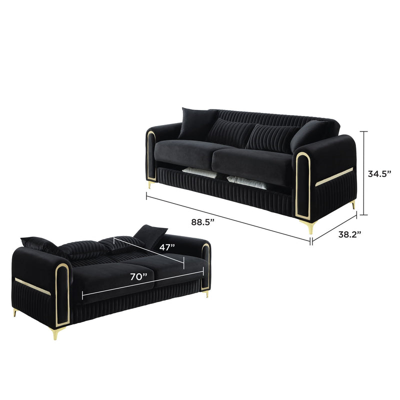 Sofa in black with ribbed back and gold-trim accents, shown with size measurements