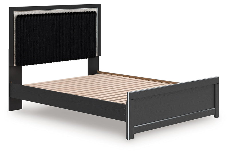 Upholstered platform bed with roll slats, black frame and black upholstered headboard