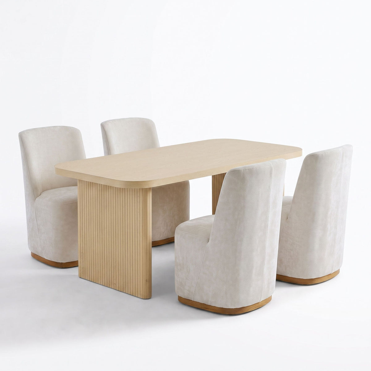 Dining table with 4 upholstered dining chairs, light beige seats and ribbed light wood base.