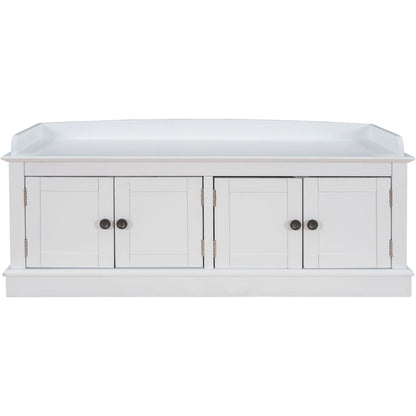 White storage bench with four paneled doors and a raised back edge