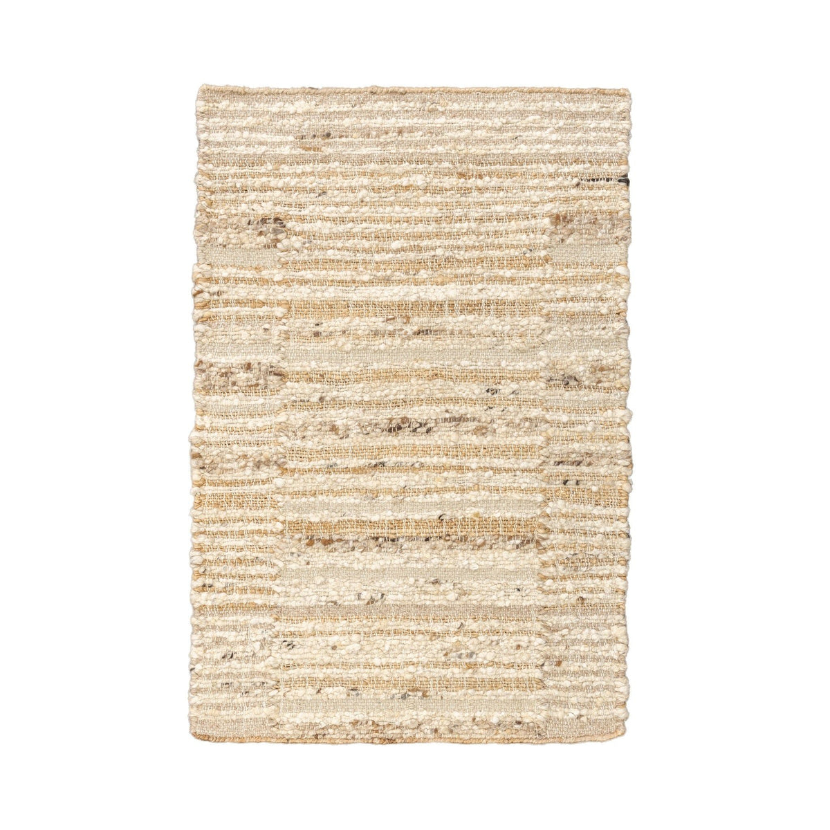 Natural area rug with distressed horizontal stripes and textured speckled weave