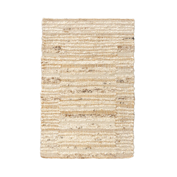 Natural area rug with distressed horizontal stripes and textured speckled weave