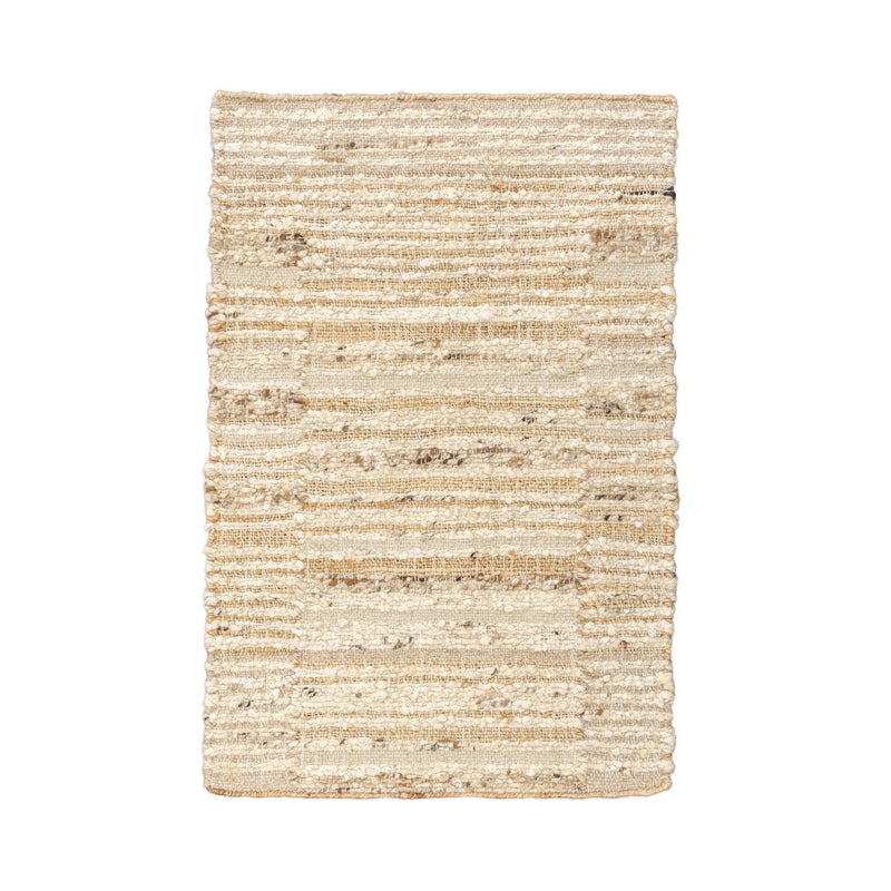 Natural area rug with distressed horizontal stripes and textured speckled weave
