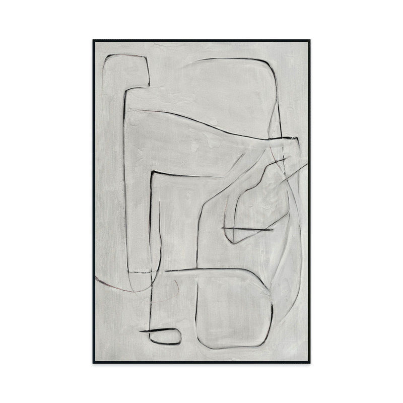 Framed abstract wall art painting with light gray line drawing on pearl silver canvas