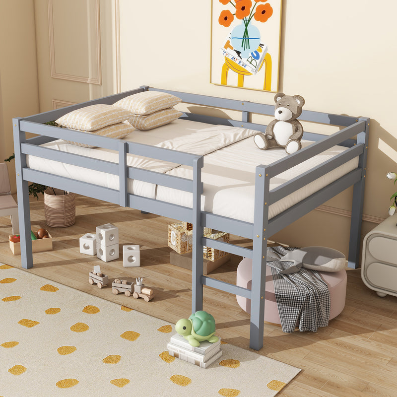 Full Rubber Wood Loft Bed with Ladder, Grey