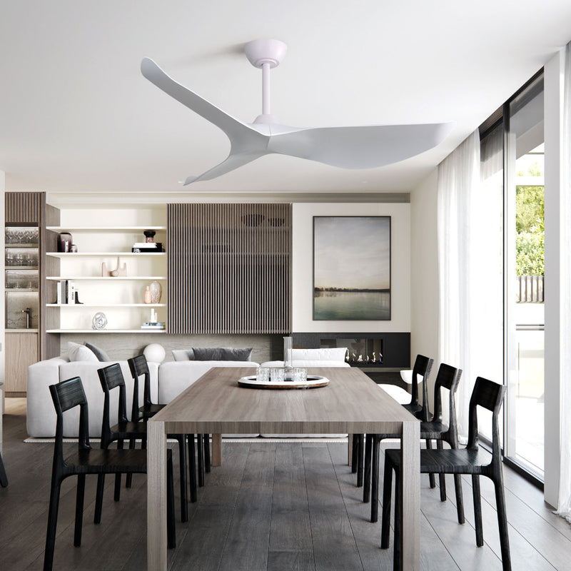 White 3-blade ceiling fan on indoor ceiling, DC motor, no light