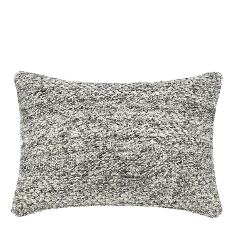 Woven textured throw pillow in medium gray with square corners and looped fabric texture.