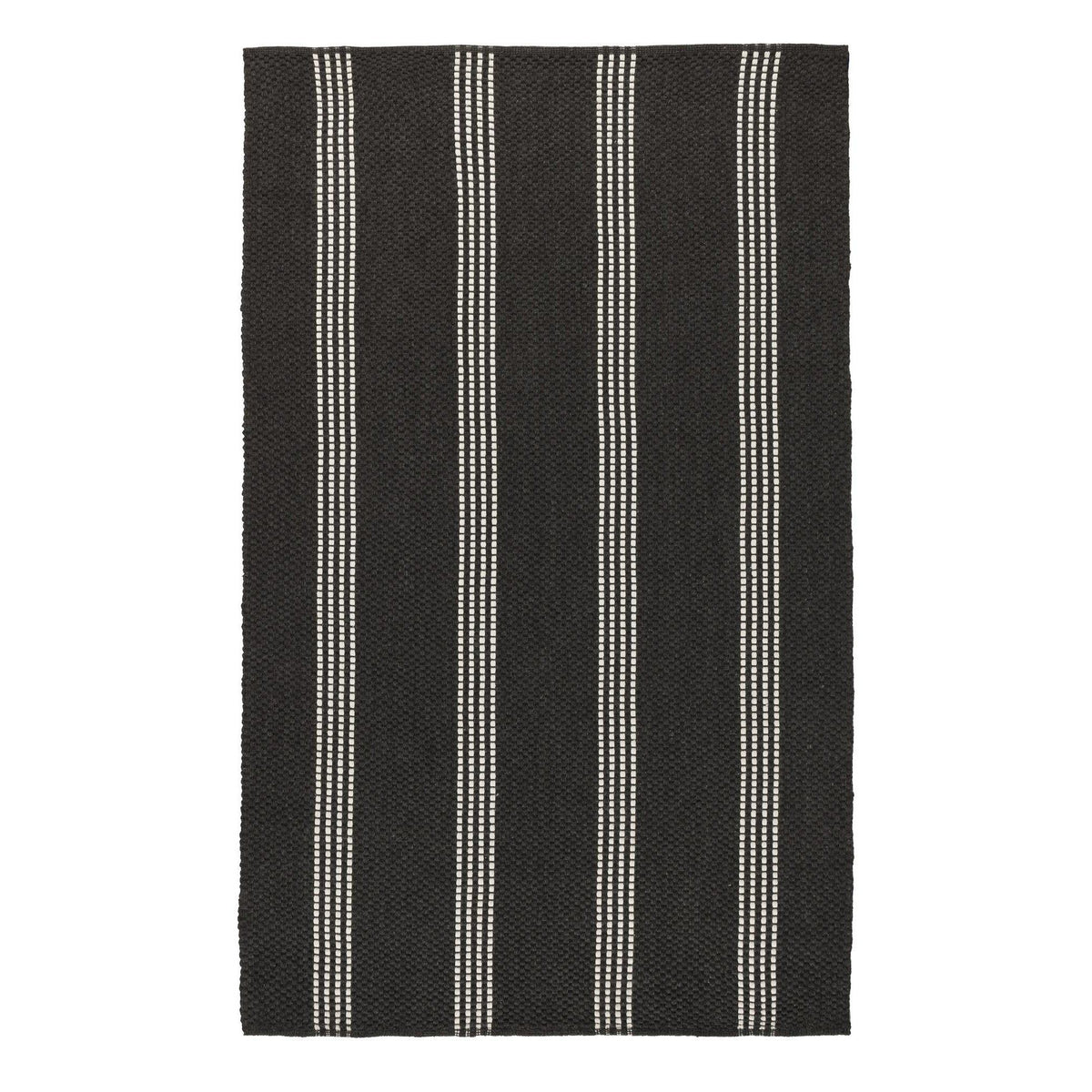 Charcoal area rug with multiple vertical ivory stripe lines and flat woven texture