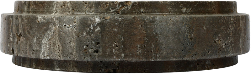 Side view of dark travertine bowl with thick band and honed speckled finish