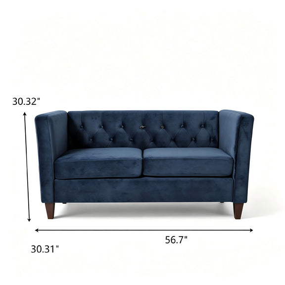 Blue button-tufted loveseat with square arms, two-seat cushions, and tapered legs
