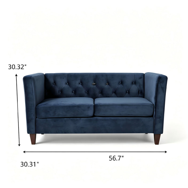 Blue button-tufted loveseat with square arms, two-seat cushions, and tapered legs