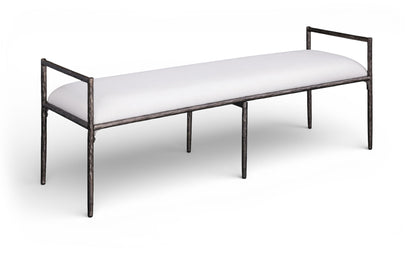 Upholstered bench with dark metal frame and light cream linen-textured seat
