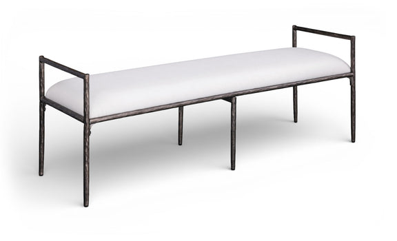 Upholstered bench with dark metal frame and light cream linen-textured seat
