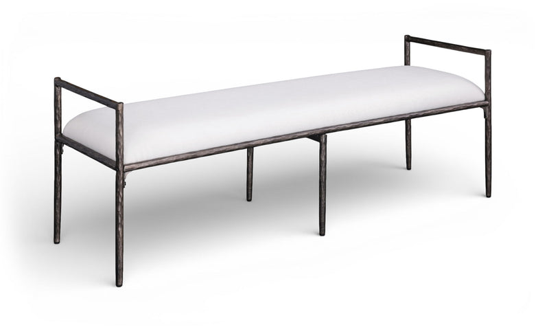 Upholstered bench with dark metal frame and light cream linen-textured seat