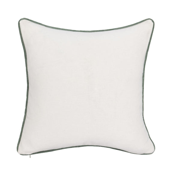 Square decorative pillow in off-white fabric with dark green piping