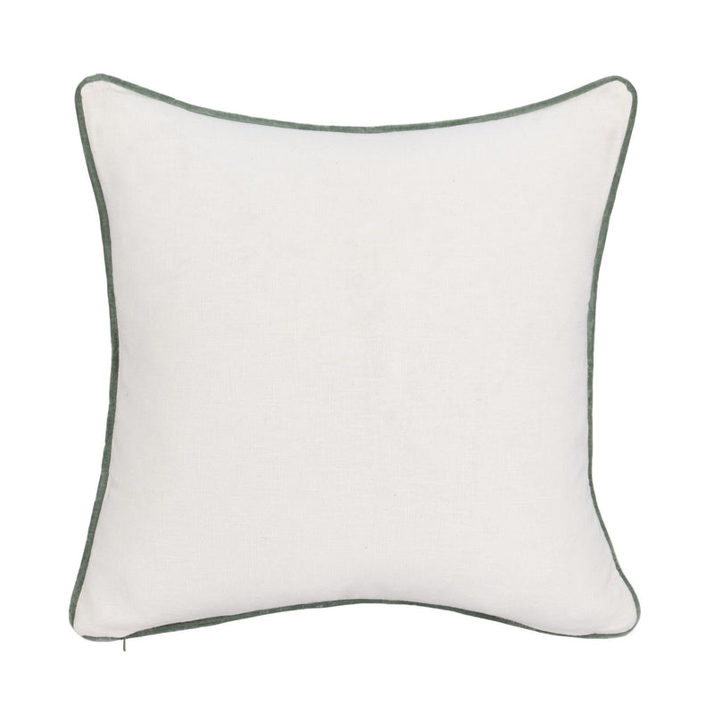 Square decorative pillow in off-white fabric with dark green piping