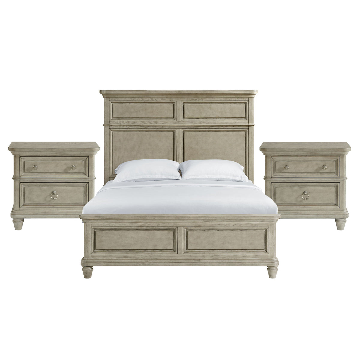 Whit-Ash panel bedroom set: light gray bed with two nightstands, no mirror shown