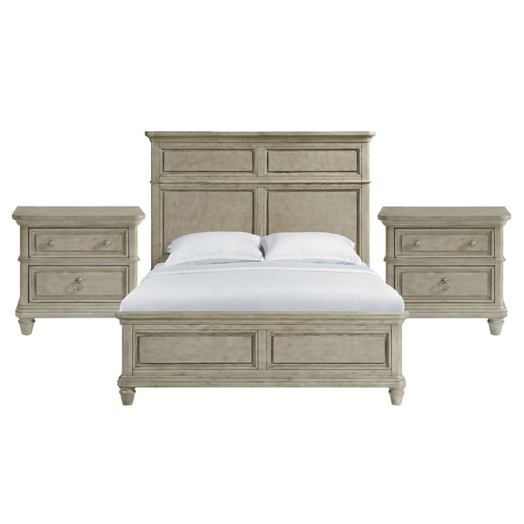 Whit-Ash panel bedroom set: light gray bed with two nightstands, no mirror shown