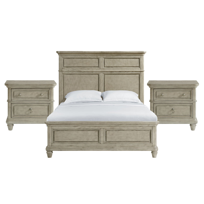 Whit-Ash panel bedroom set: light gray bed with two nightstands, no mirror shown