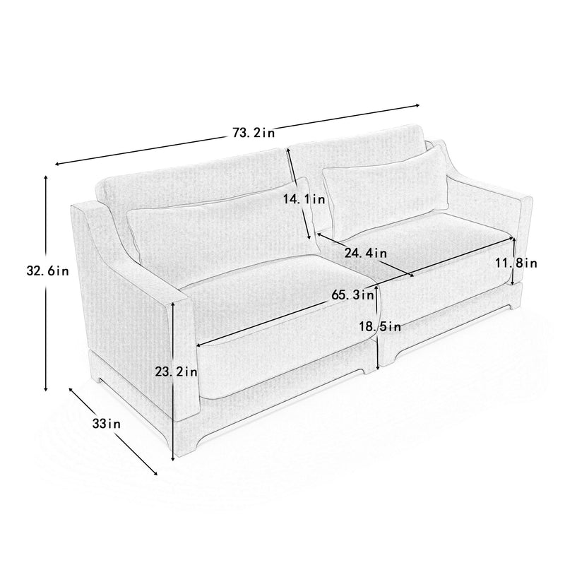Light beige upholstered sofa with two lumbar pillows and labeled dimensions diagram