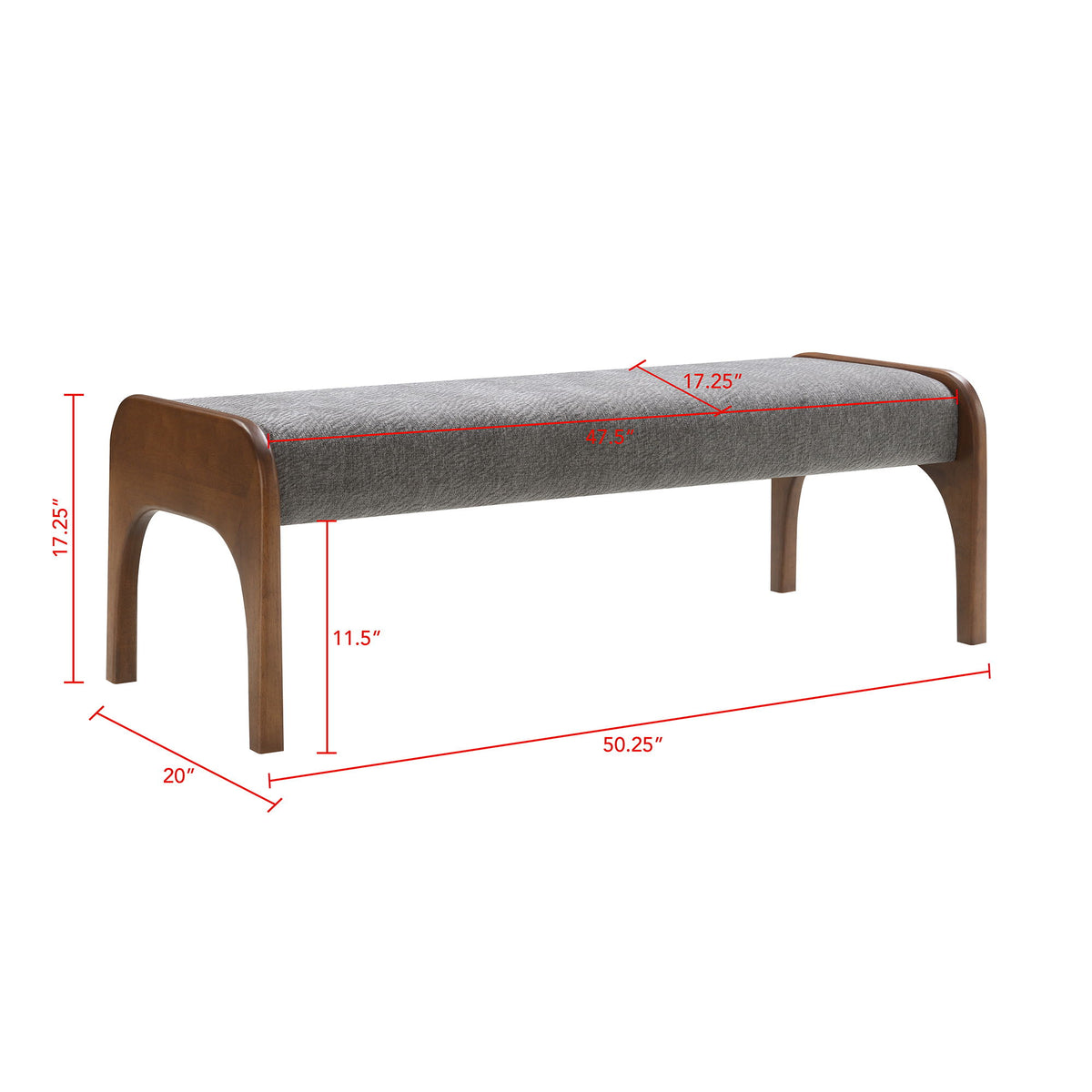 Gray upholstered long bench with wooden legs and rounded arm ends