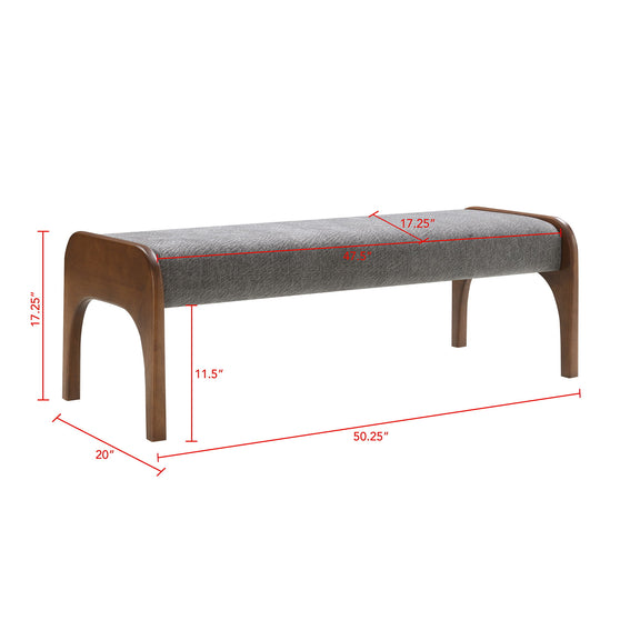 Gray upholstered long bench with wooden legs and rounded arm ends