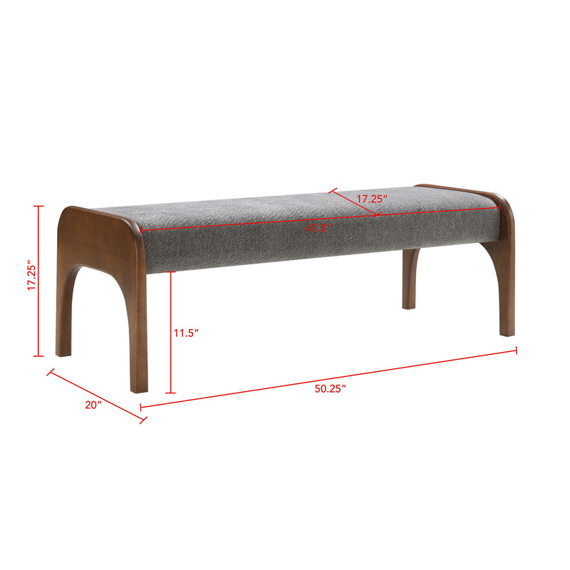 Gray upholstered long bench with wooden legs and rounded arm ends