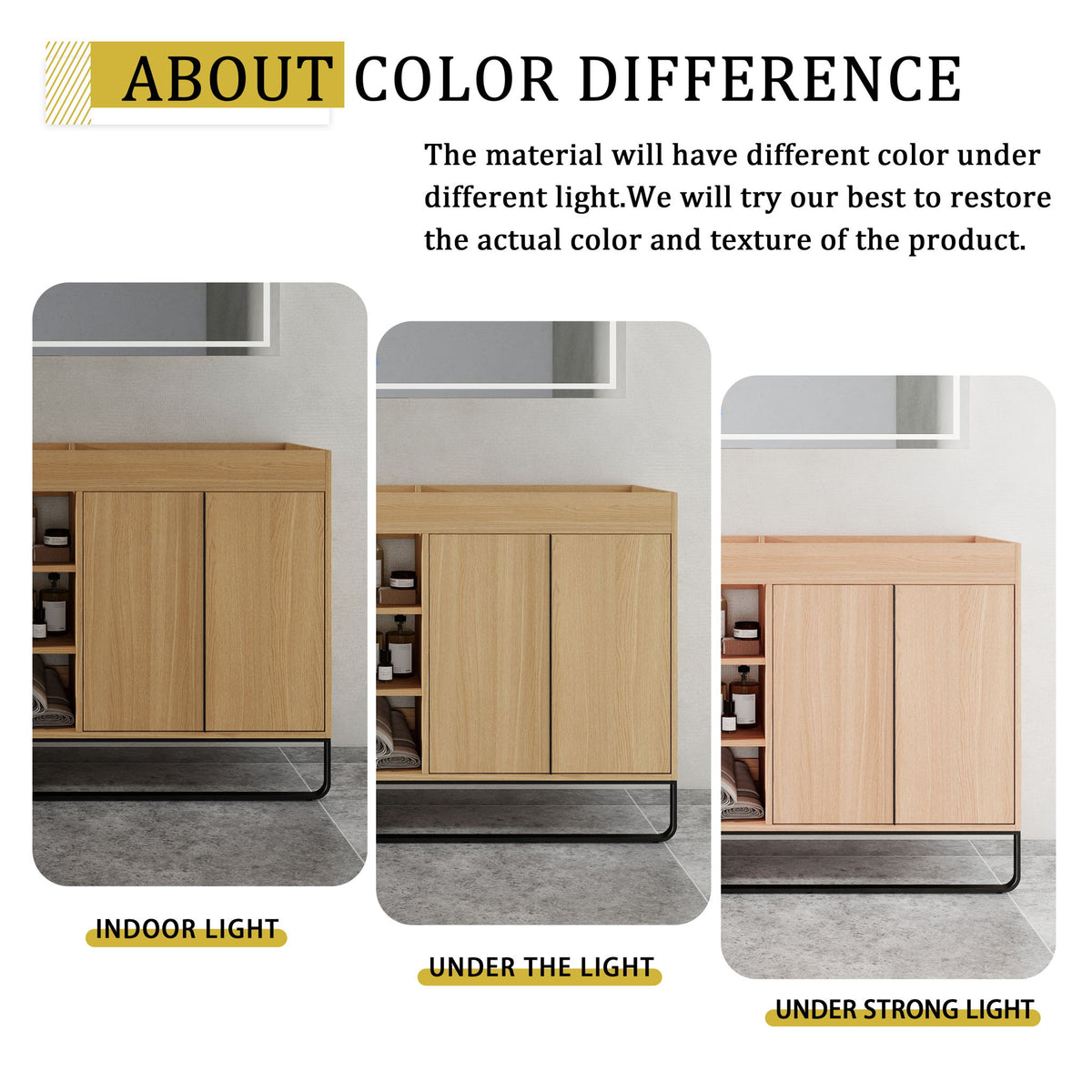 Oak bathroom cabinet shown in three lighting views, doors and open shelves with black base
