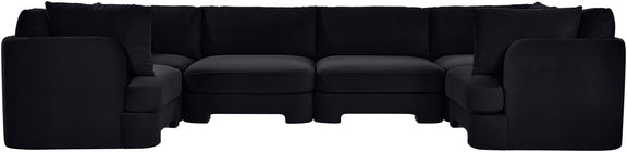 Black velvet U-shaped sectional sofa, 6-piece set with upholstered cushions.
