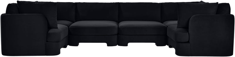 Black velvet U-shaped sectional sofa, 6-piece set with upholstered cushions.