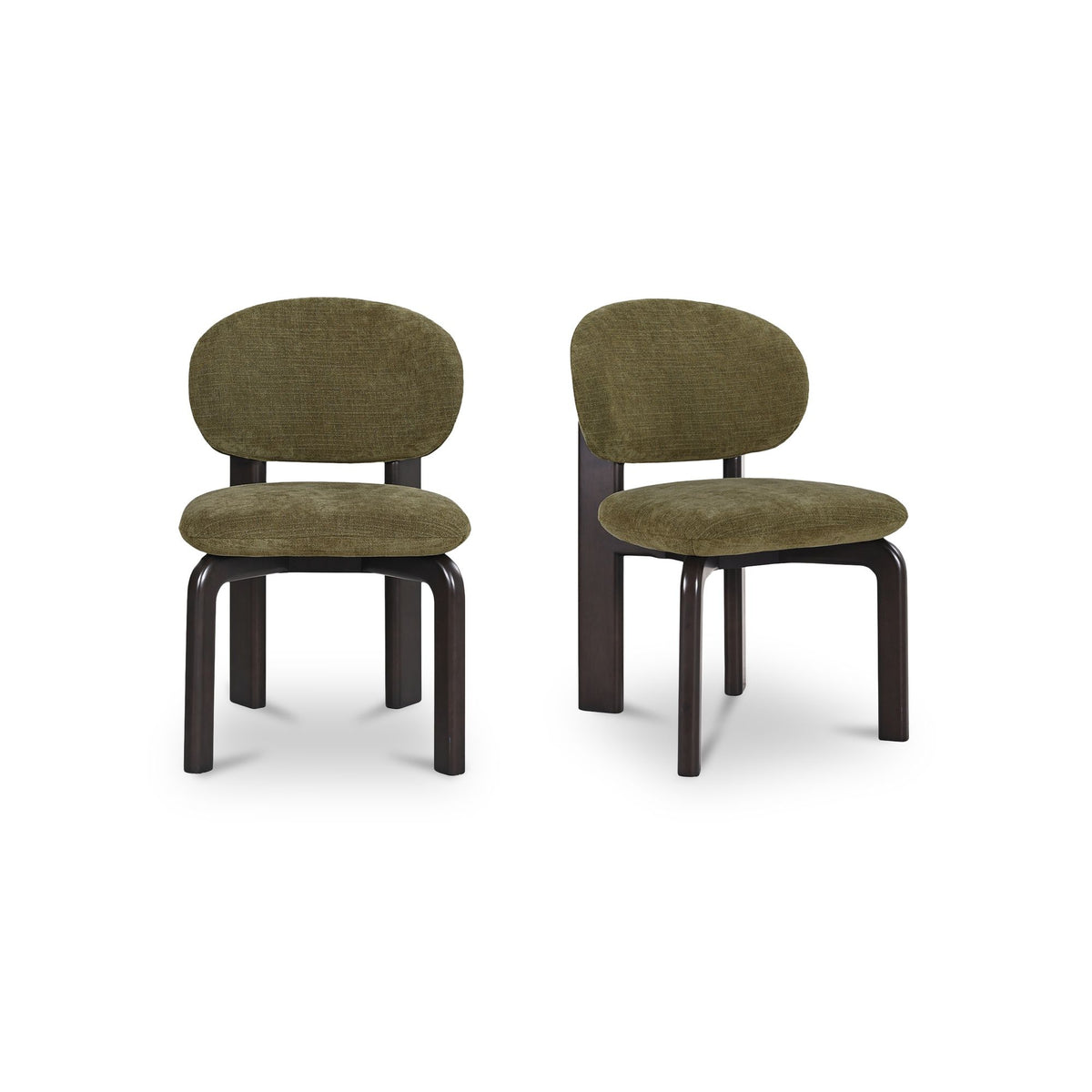 Olive green upholstered dining chair set of 2 with dark wood legs and rounded back