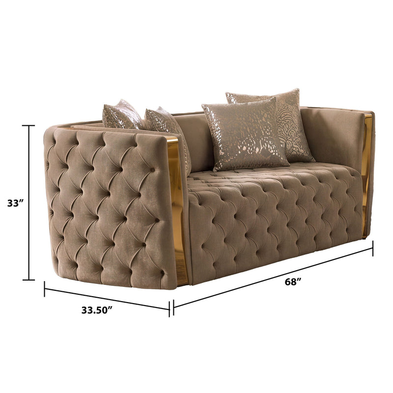 Taupe button-tufted loveseat with tufted back and seat, gold-trimmed arms, throw pillows