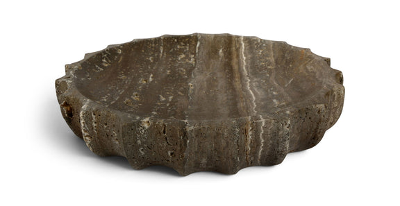 Gray travertine bowl with natural veining and scalloped rim edge.