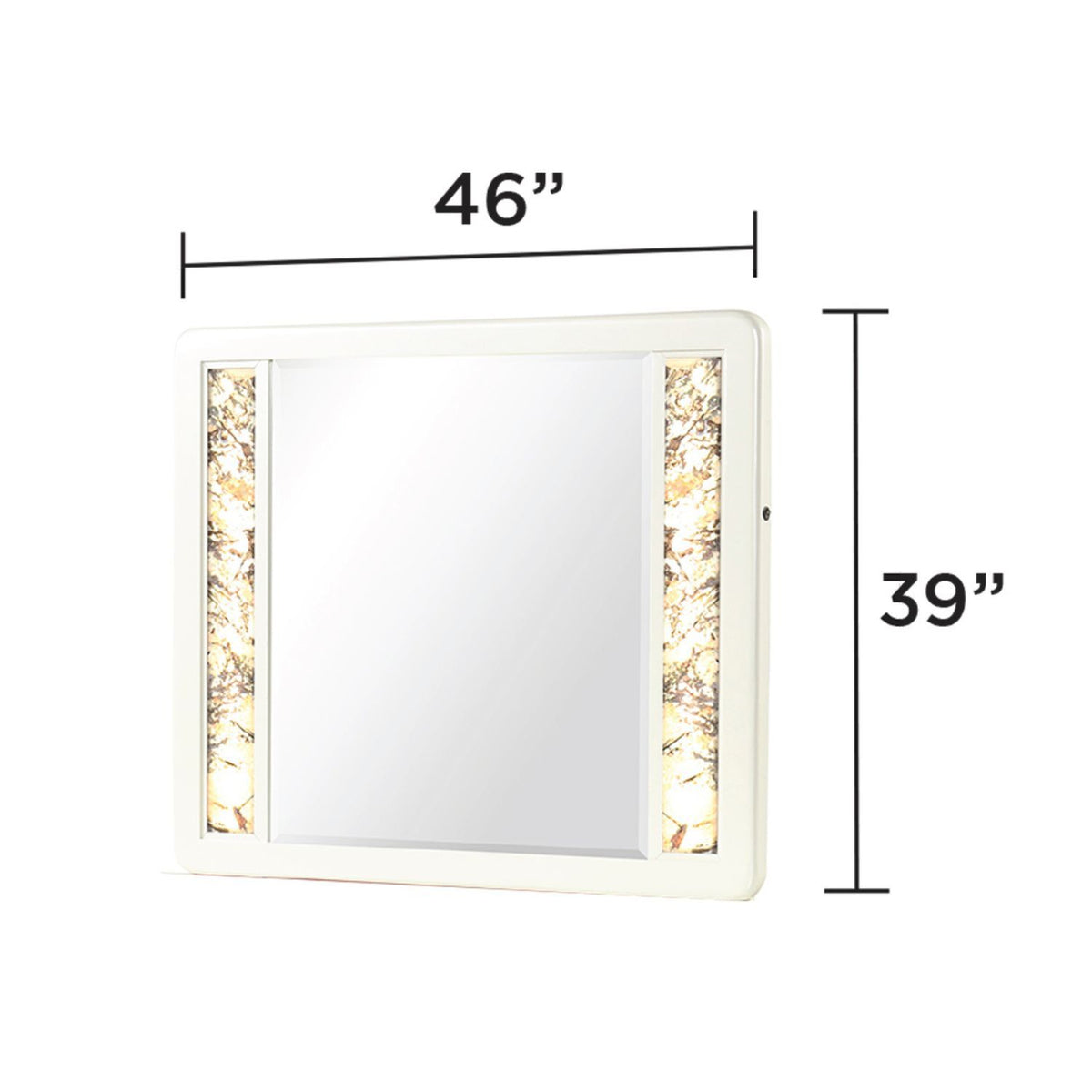 Beige rectangular LED mirror with illuminated side panels, 46 in W x 39 in H.