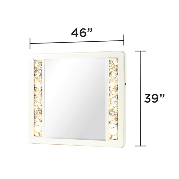 Beige rectangular LED mirror with illuminated side panels, 46 in W x 39 in H.