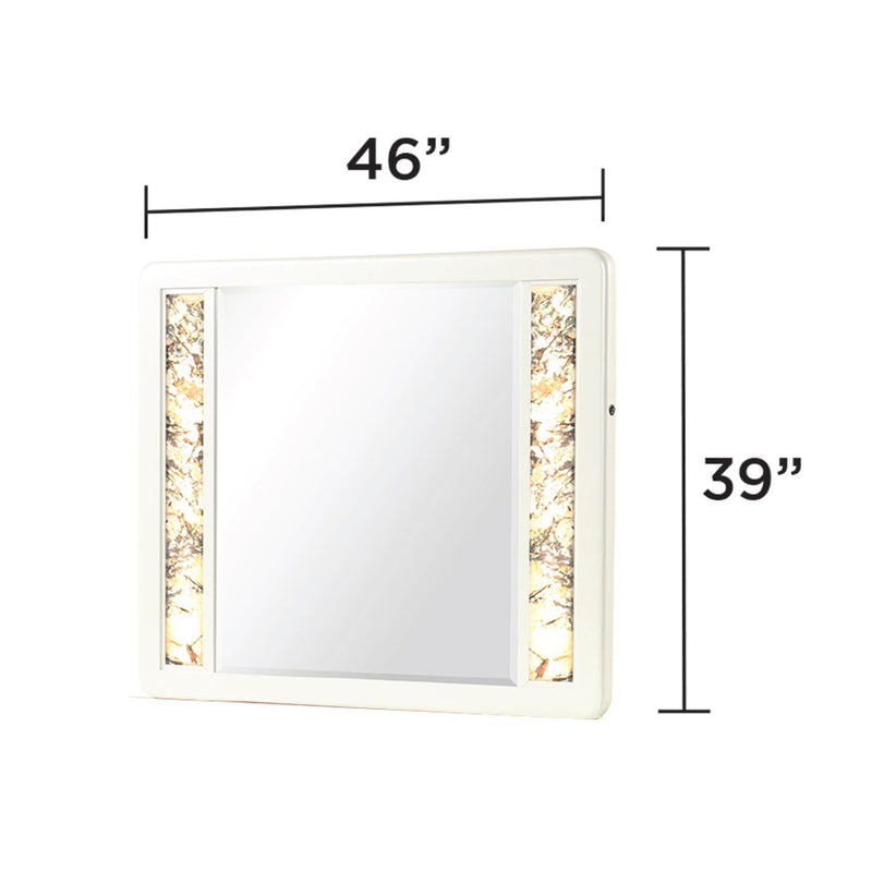 Beige rectangular LED mirror with illuminated side panels, 46 in W x 39 in H.