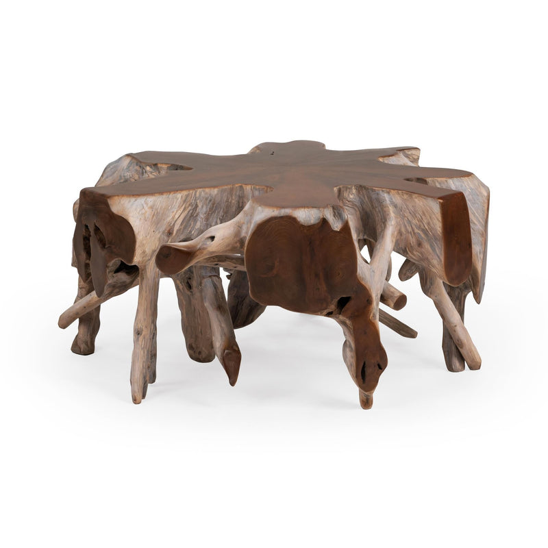 Rustic wood coffee table with chunky dark brown top and uneven root legs