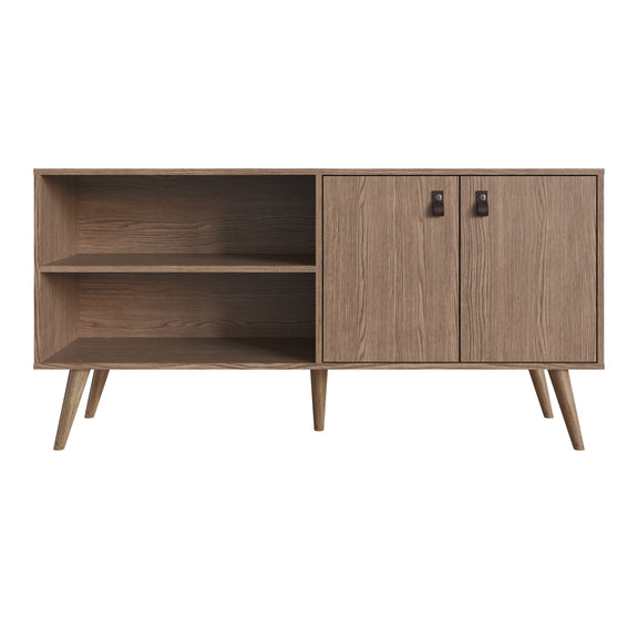 Light brown wood-look TV stand with two open shelves, two cabinet doors, and tapered legs