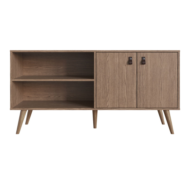 Light brown wood-look TV stand with two open shelves, two cabinet doors, and tapered legs
