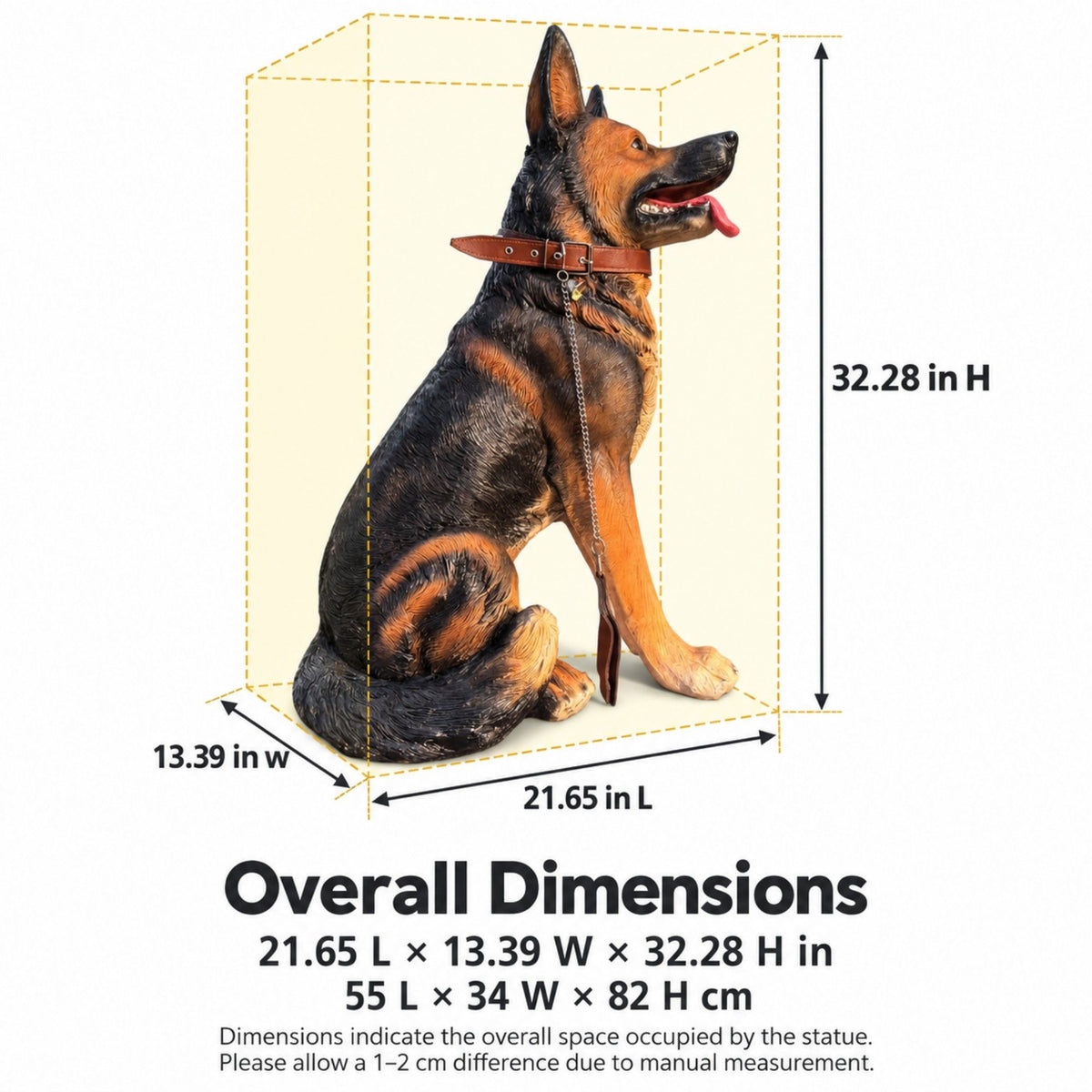 Side view of a sitting German Shepherd statue with dimensions labeled