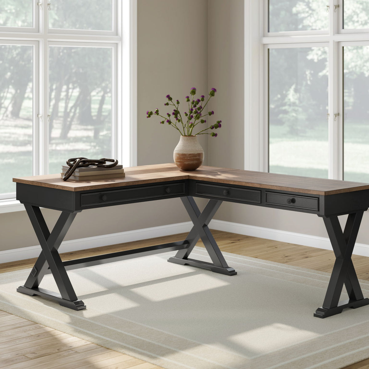 Wildenauer - Brown / Black - 4 Pc. - Home Office Desk And Return, Swivel Desk Chair, Bookcase