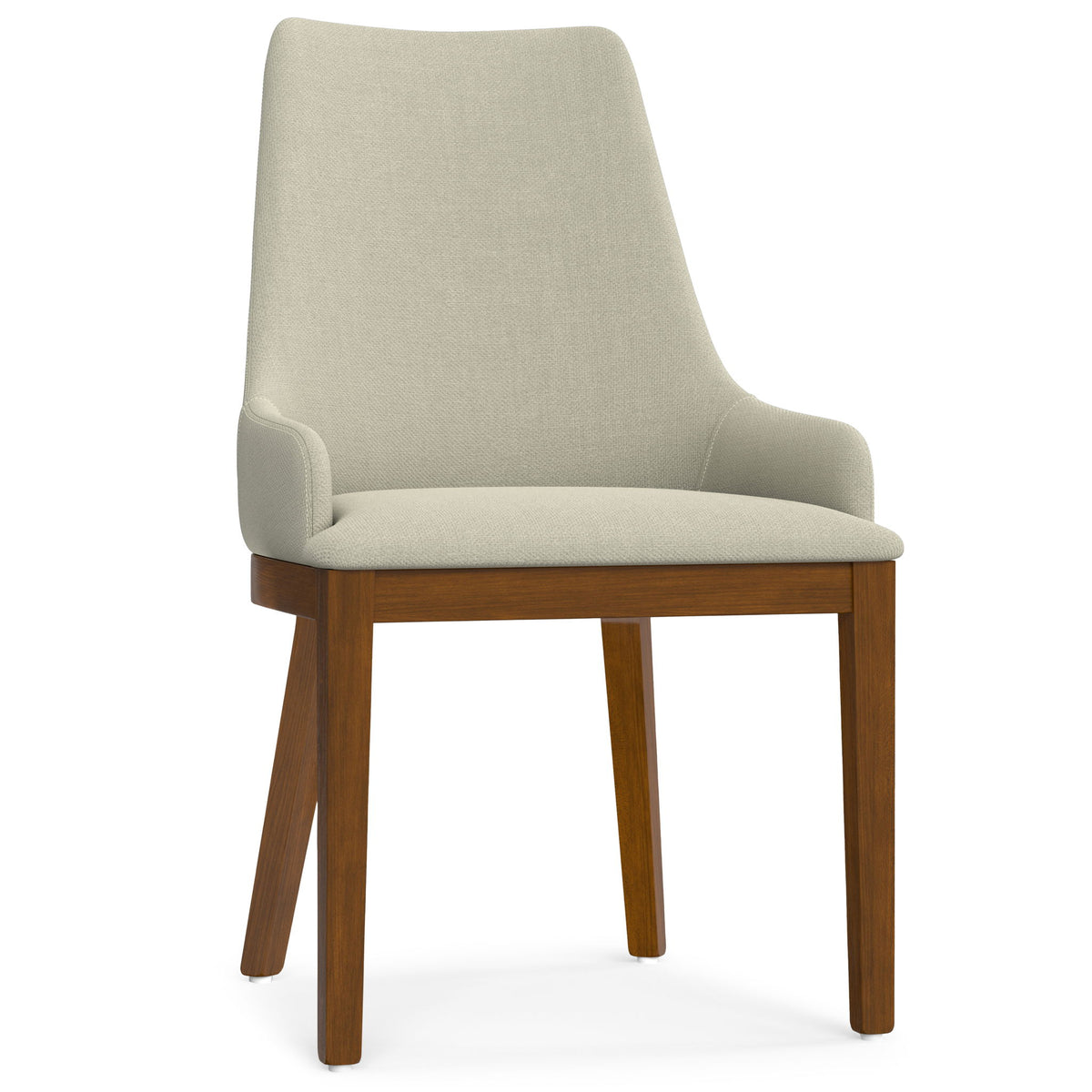 Beige upholstered dining chair with curved back, padded seat, and wooden legs