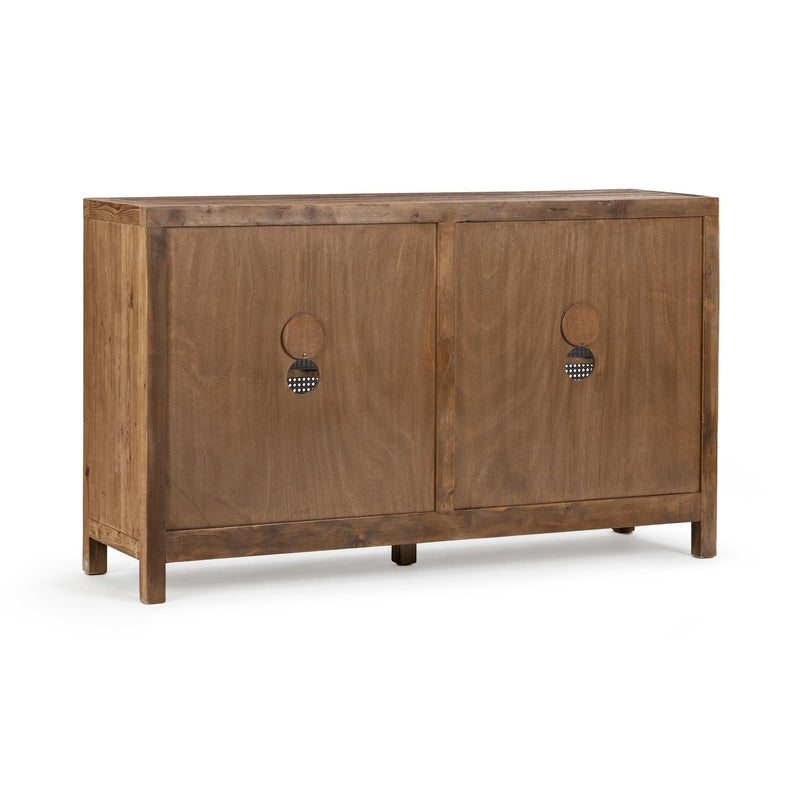 Natural wood cabinet with two solid doors and circular knob pulls