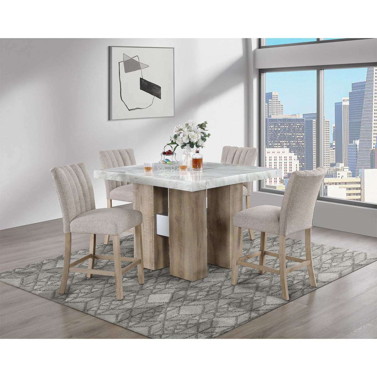 Set of beige upholstered bar stools with tall padded backs and light wood legs