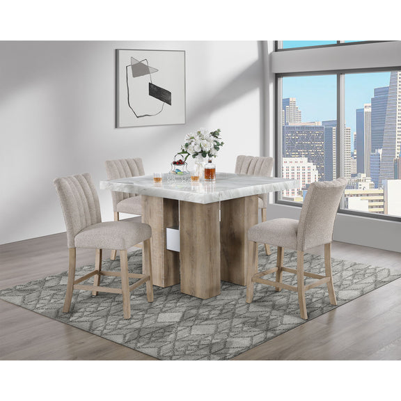Set of beige upholstered bar stools with tall padded backs and light wood legs