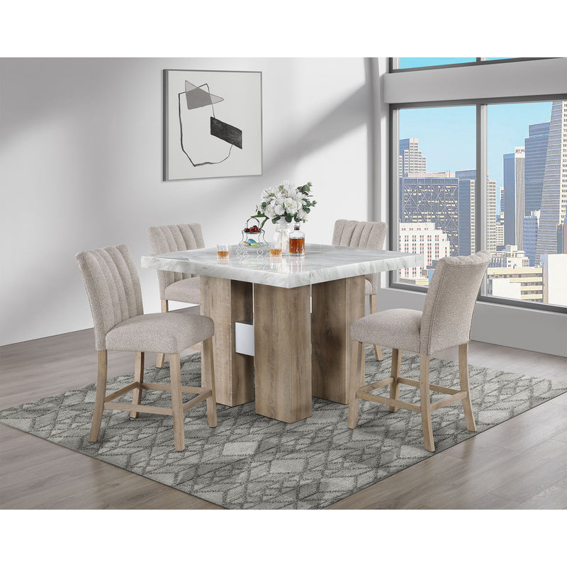 Set of beige upholstered bar stools with tall padded backs and light wood legs