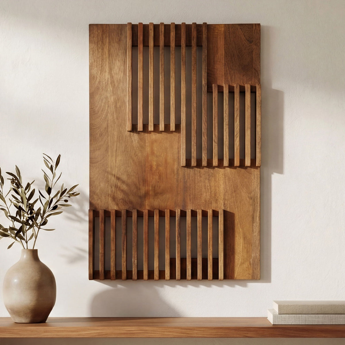 Brown wooden wall art featuring layered vertical slat squares and grid blocks