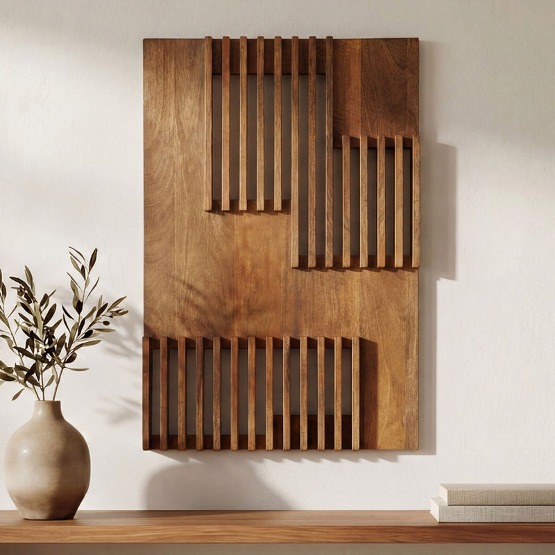 Brown wooden wall art featuring layered vertical slat squares and grid blocks