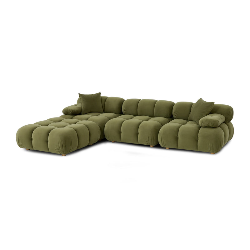 Olive green modular sectional sofa with rounded armrests, layered seat blocks, and end chaise